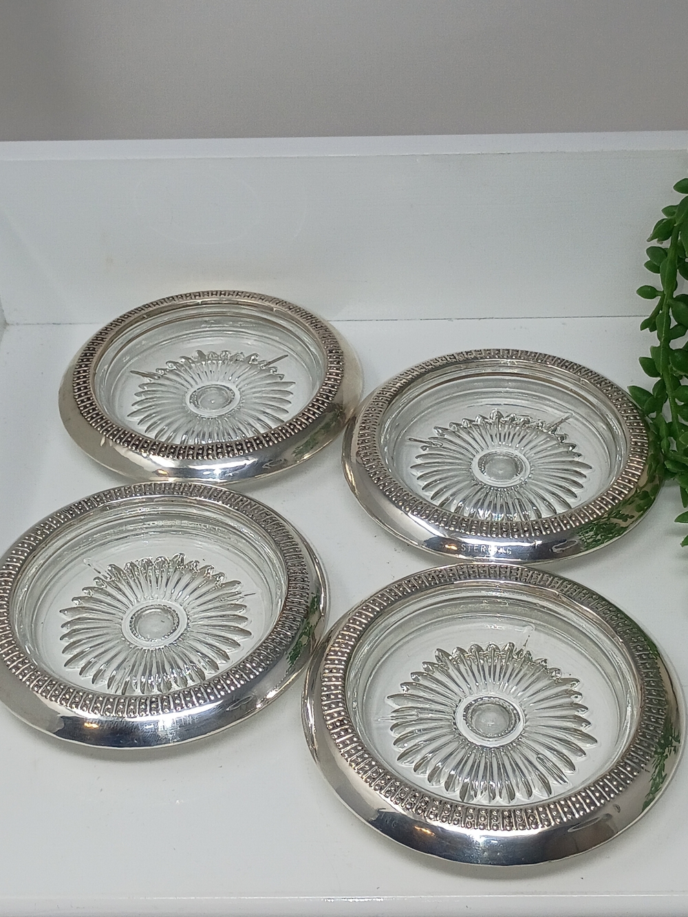 Sterling Silver Glass Sunburst Coasters - Set of 4